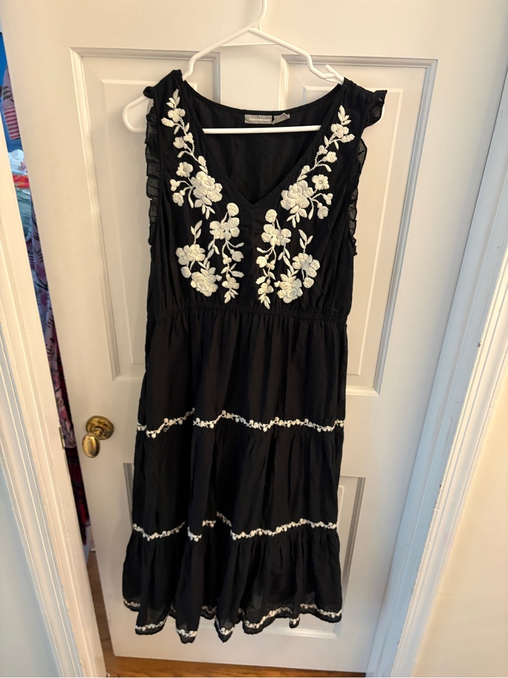 Lucky Brand Black Cotton Midi Dress with White Floral Embroidery